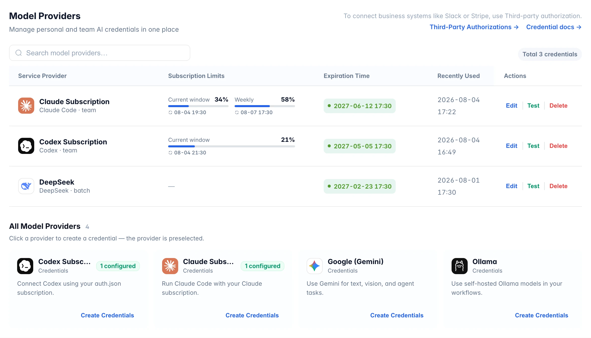 Screenshot of Braidrun's credential management page