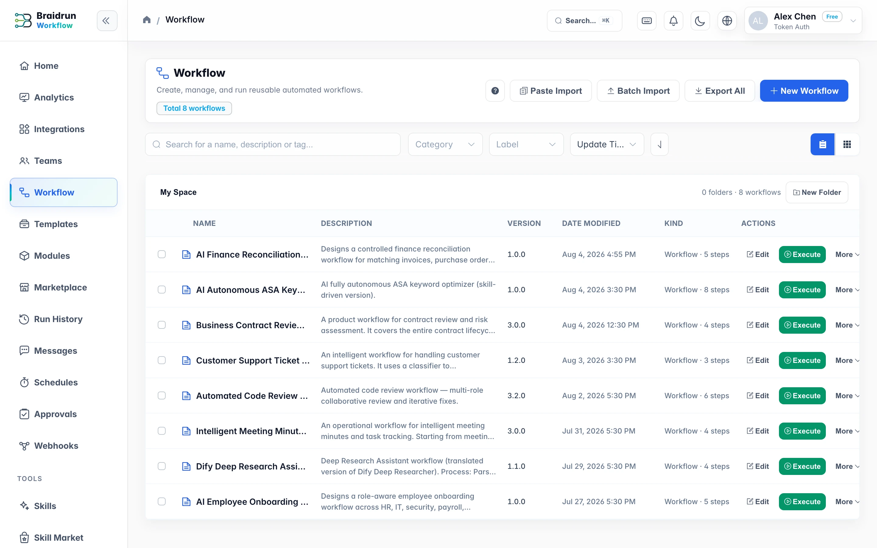 Screenshot of the Braidrun workflow list